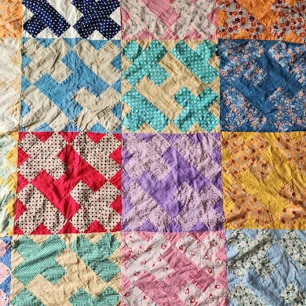 1940s Patchwork Quilt Top Only Feedsack Calico Cross Crown 55x70